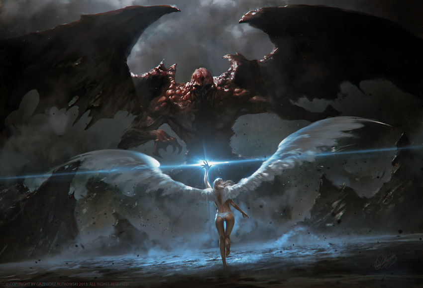 1girl angel angel_and_devil angel_wings arm_up artist_name ass cloud cloudy_sky commentary dark_sky dated english_commentary english_text facing_away fighting from_behind glowing greg_rutkowski long_hair looking_at_another magic monster original overcast panties signature sky topless underwear weapon white_panties wings