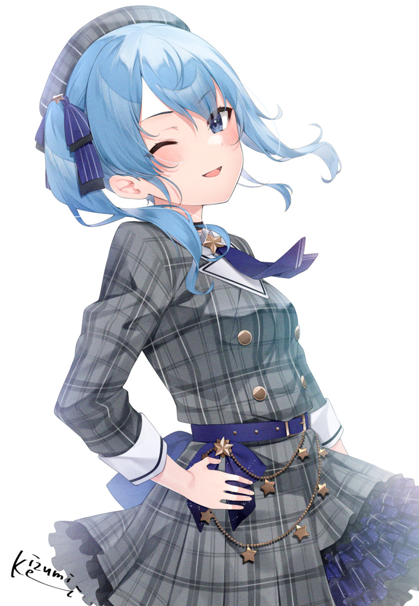 1girl ;) ascot bangs belt belt_buckle beret blue_ascot blue_belt blue_eyes blue_hair blue_ribbon blush breasts buckle commentary cowboy_shot eyebrows_visible_through_hair eyes_visible_through_hair floating_hair grey_headwear grey_shirt grey_skirt hair_ribbon hand_on_hip hat highres hololive hoshimachi_suisei izumi_kei long_hair long_sleeves looking_at_viewer medium_breasts one_eye_closed one_side_up open_mouth plaid plaid_headwear plaid_shirt plaid_skirt ribbon shirt signature simple_background skirt smile solo standing virtual_youtuber white_background