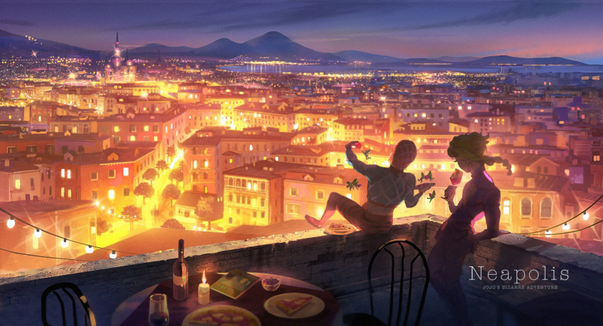 2boys alcohol blonde_hair braid braided_ponytail building city city_lights cityscape collared_jacket commentary_request cup eating flower food formal giorno_giovanna guido_mista highres holding holding_cup holding_flower jacket jojo_no_kimyou_na_bouken long_hair long_sleeves male_focus meipu_hm mountainous_horizon multiple_boys naples night pants ponytail purple_jacket purple_pants scenery sex_pistols_(stand) suit vento_aureo vest wine