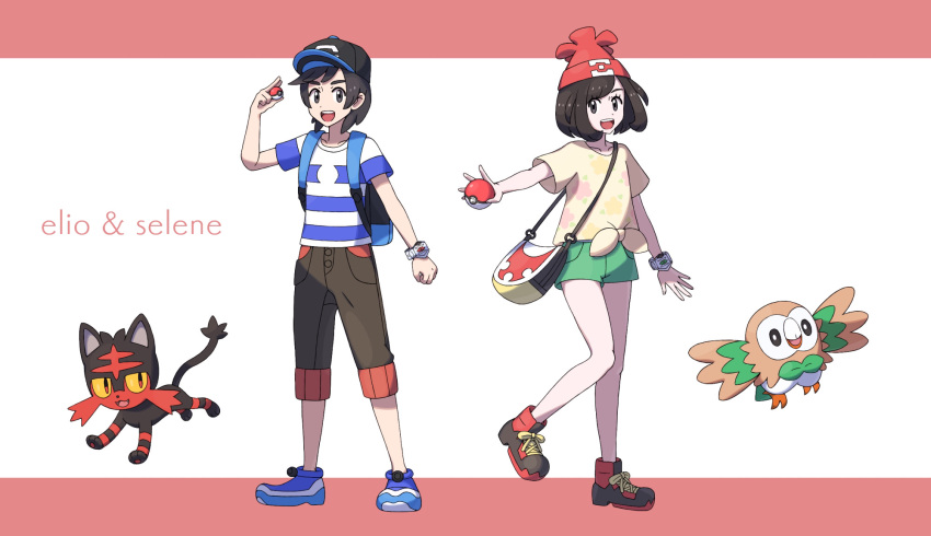 1boy 1girl :d backpack bad_id bad_pixiv_id bag bangs banned_artist baseball_cap beanie blue_footwear bracelet brown_hair brown_pants capri_pants character_name commentary_request elio_(pokemon) full_body green_shorts hand_up hat highres holding holding_poke_ball jewelry litten looking_at_viewer nin_(female) open_mouth pants poke_ball poke_ball_(basic) pokemon pokemon_(creature) pokemon_(game) pokemon_sm red_headwear rowlet selene_(pokemon) shirt shoes short_sleeves shorts shoulder_bag smile standing striped striped_shirt t-shirt teeth tied_shirt tongue upper_teeth yellow_shirt z-ring