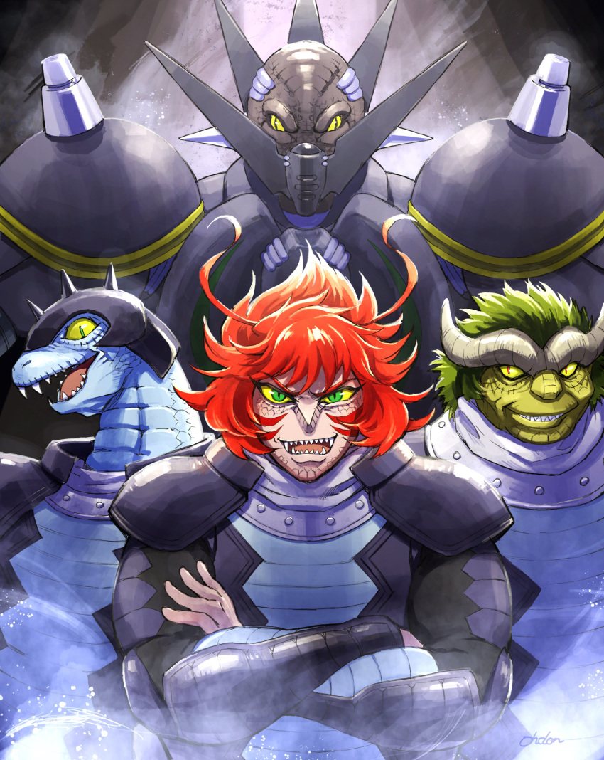 3boys absurdres character_name colored_sclera crossed_arms dinosaur_boy fangs furry getter_robo getter_robo_arc gettersaurus green_eyes green_hair helmet highres horns male_focus mecha multiple_boys ohdon open_mouth pilot_suit red_hair sharp_teeth smile spikes super_robot teeth yellow_eyes yellow_sclera