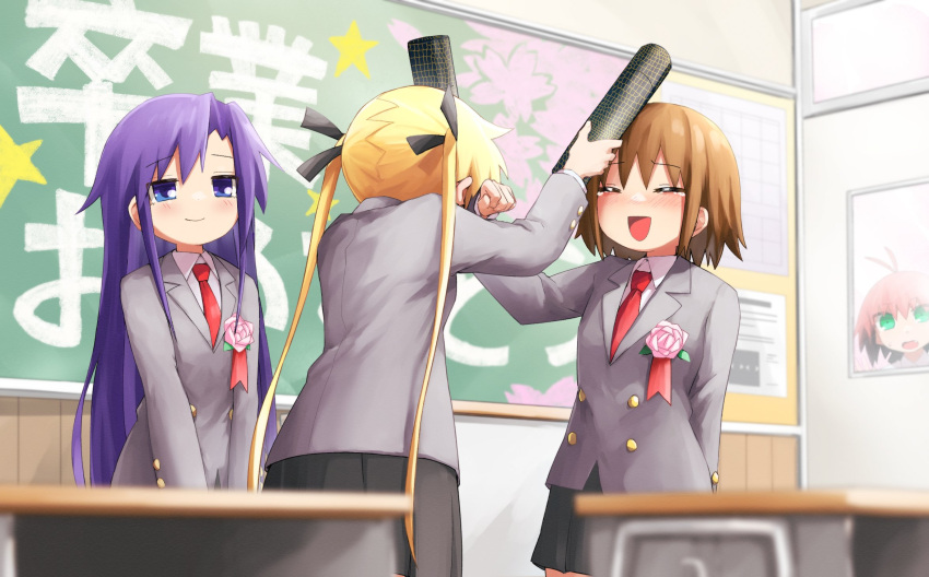 4girls black_ribbon black_skirt blonde_hair blue_eyes blue_hair blush brown_hair chalkboard closed_eyes collared_shirt eyebrows_visible_through_hair facing_another goshiki_agiri graduated_cylinder graduation green_eyes hair_ribbon happy_tears highres kill_me_baby long_hair looking_at_another multiple_girls necktie open_mouth oribe_yasuna pleated_skirt red_hair red_necktie ribbon school_uniform shirt short_hair skirt smile sonya_(kill_me_baby) tears translation_request twintails unused_character white_shirt yachima_tana