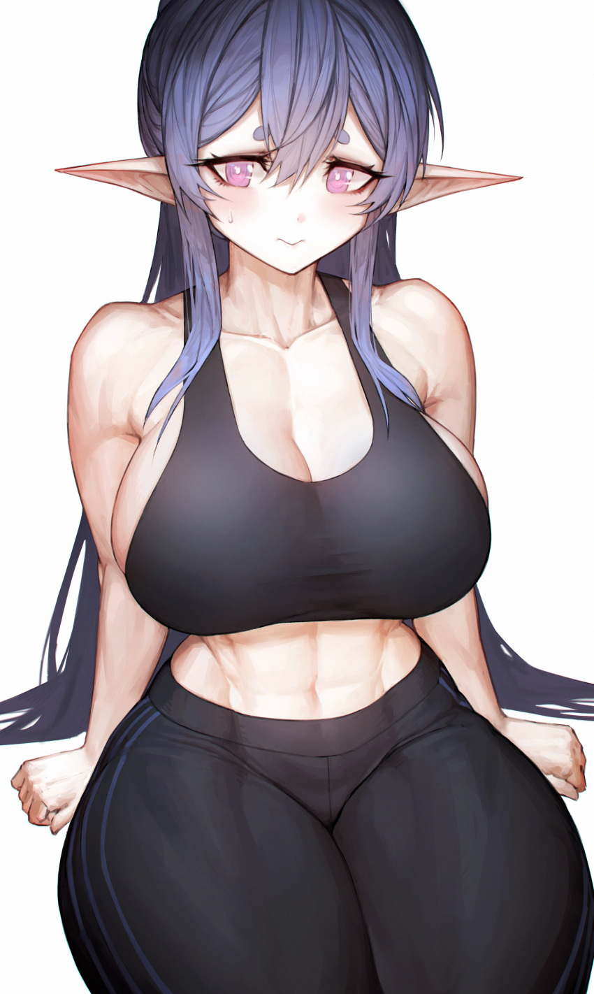 1girl abs absurdres black_legwear black_sports_bra breasts cleavage collarbone elf embarrassed highres indie_virtual_youtuber jin_grey_paladin large_breasts leggings long_hair muscular muscular_female navel pink_eyes pointy_ears purple_hair rae_laveire sitting solo sports_bra thick_thighs thighs virtual_youtuber white_background wide_hips