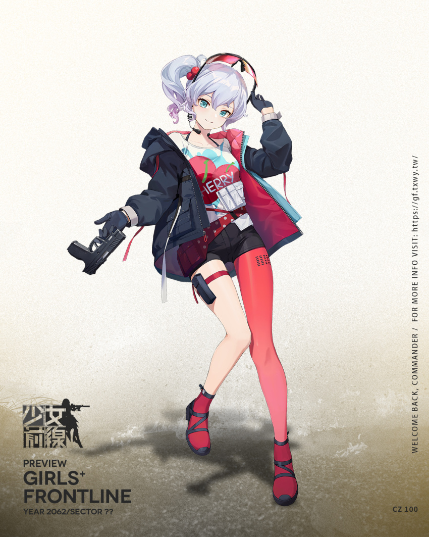 1girl aqua_eyes artist_request bangs black_gloves black_jacket black_shorts bra_strap breasts character_name closed_mouth collarbone copyright_name cz-100 cz100_(girls'_frontline) eyebrows_visible_through_hair eyewear_on_head full_body girls'_frontline gloves gun hand_on_eyewear handgun headphones highres holding holding_gun holding_weapon jacket looking_at_viewer medium_hair microphone multicolored_hair official_art open_clothes open_jacket pantyhose print_shirt red_legwear sandals shirt shorts side_ponytail silver_hair simple_background single_leg_pantyhose single_sock small_breasts smile socks solo standing weapon white_shirt