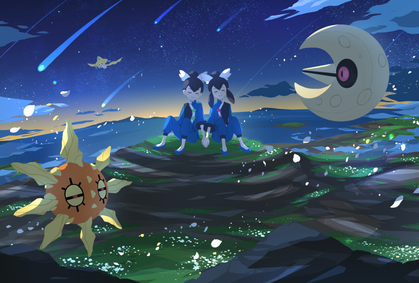 1boy 1girl bad_id bad_pixiv_id bangs banned_artist black_hair blue_footwear blue_jacket blue_pants blush brother_and_sister closed_eyes closed_mouth cloud commentary_request grass hair_bun hair_ribbon holding_hands jacket jirachi liza_(pokemon) lunatone night nin_(female) outdoors pants pokemon pokemon_(creature) pokemon_(game) pokemon_oras ribbon shoes short_hair siblings sitting sky solrock star_(sky) tate_(pokemon) white_ribbon