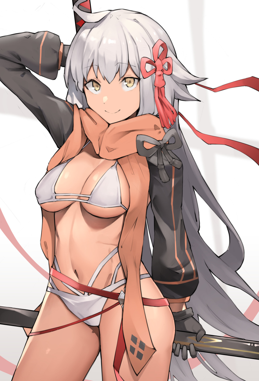 1girl absurdres ahoge arm_up bangs bikini black_jacket breasts commentary cropped_jacket dark-skinned_female dark_skin fate/grand_order fate_(series) highres jacket katana long_hair long_sleeves looking_at_viewer medium_breasts navel okita_souji_(alter)_(fate) okita_souji_(alter_swimsuit_saber)_(fate) okita_souji_(fate) orange_scarf scarf seino_(sasakike1305) sheath shrug_(clothing) smile solo swimsuit sword tassel thighs very_long_hair weapon white_bikini white_hair yellow_eyes