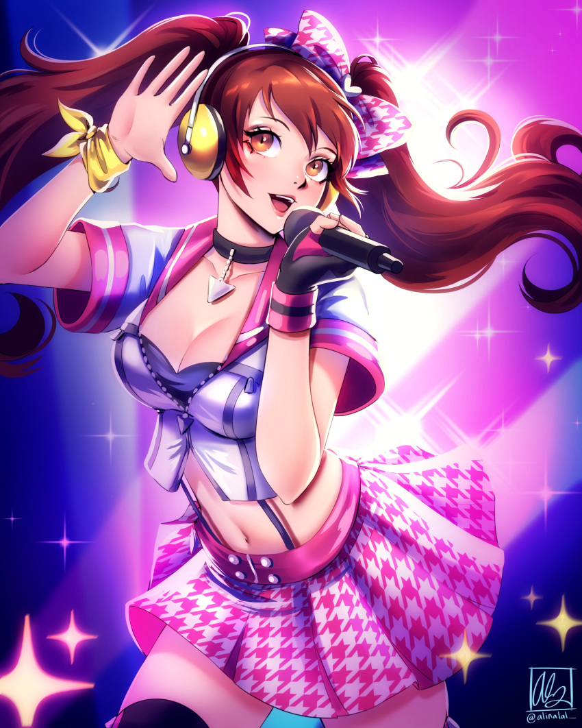 1girl :d absurdres alina_l arm_up bangs black_choker blue_background bow breasts brown_hair buttons choker cleavage cowboy_shot crop_top fingerless_gloves gloves hair_bow hand_up highres kujikawa_rise large_breasts long_hair miniskirt navel open_mouth persona persona_4 persona_4:_dancing_all_night pink_background pink_skirt pleated_skirt red_eyes short_sleeves single_glove skirt smile solo sparkle sparkle_background stomach teeth thighhighs twintails upper_teeth zettai_ryouiki