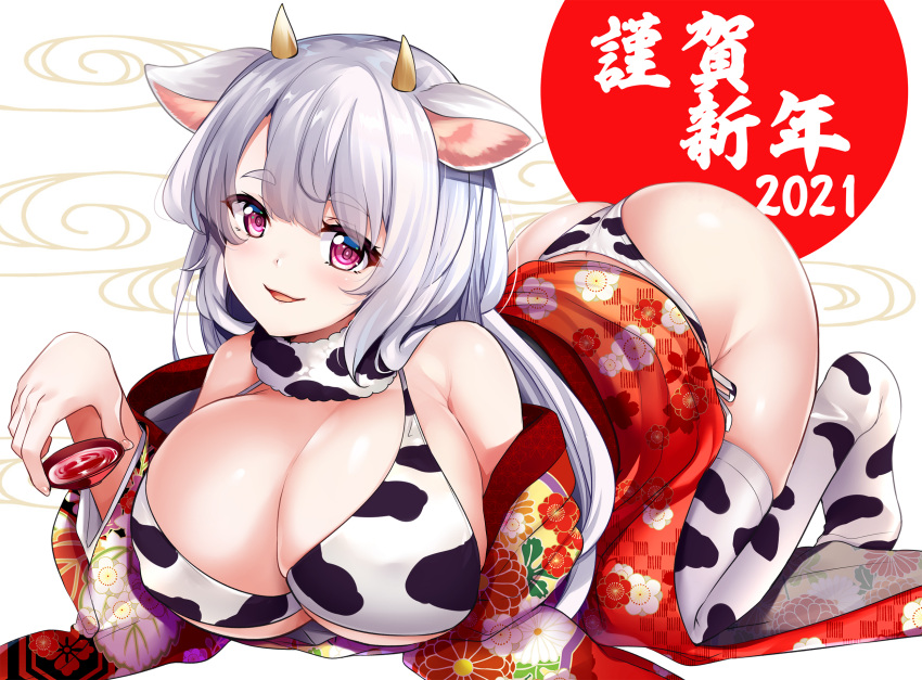 1girl animal_ears animal_print bikini breasts cleavage cow cow_ears cow_girl cow_horns cow_print furisode highres hinata_sora horns japanese_clothes kimono large_breasts long_hair looking_at_viewer original panties red_eyes side-tie_bikini silver_hair solo swimsuit thighhighs underwear