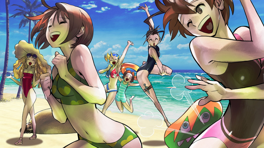 &gt;_&lt; 1boy 6+girls :d bare_arms beach bengus bikini black_hair black_swimsuit blanka-chan blonde_hair breasts brown_hair buried eyebrows_visible_through_hair green_swimsuit headband highres ibuki_(street_fighter) justice_gakuen kanzuki_karin kasugano_sakura kazama_akira kazama_daigo long_hair multiple_girls official_art one-piece_swimsuit one_eye_closed open_mouth palm_tree pink_swimsuit red_swimsuit sand sandals school_swimsuit short_hair small_breasts smile strapless strapless_swimsuit street_fighter street_fighter_v swimsuit tiffany_lords tree two-tone_swimsuit wakaba_hinata white_headband xd