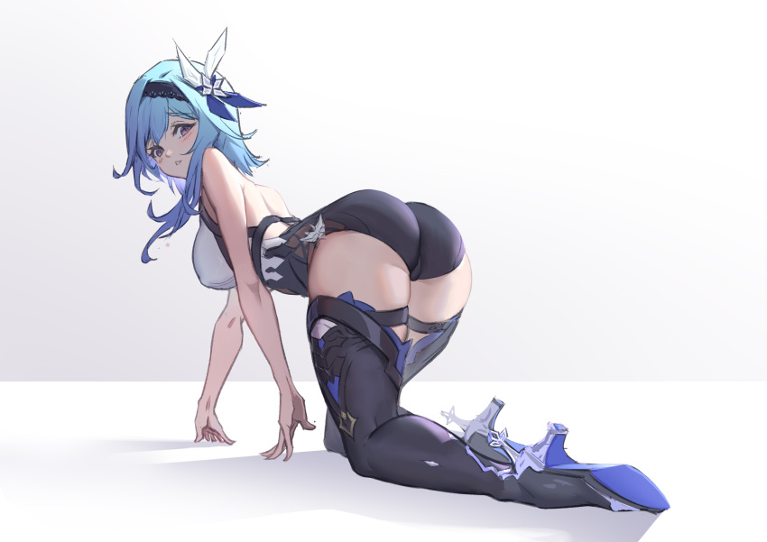 1girl absurdres all_fours ass backless_leotard bare_arms bare_back bare_shoulders black_hairband black_legwear black_leotard blue_hair blush boots breasts chamuhz commentary_request eula_(genshin_impact) from_behind genshin_impact hair_ornament hairband high_heel_boots high_heels highres large_breasts leotard looking_at_viewer medium_hair parted_lips purple_eyes solo thick_thighs thigh_boots thighhighs thighs