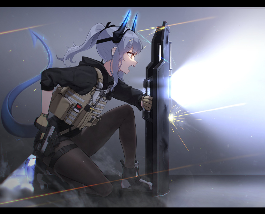 1girl ankle_boots arknights bangs black_footwear black_jacket black_legwear boots brown_eyes bulletproof_vest commentary_request dragon_girl dragon_horns dragon_tail electricity eyebrows_visible_through_hair flashlight from_side full_body grey_hair gun highres holding holding_gun holding_shield holding_weapon hood hooded_jacket horns jacket letterboxed light liskarm_(arknights) liskarm_(overload)_(arknights) long_sleeves narynn official_alternate_costume one_knee open_mouth pantyhose ponytail profile riot_shield shield sidelocks solo tail thigh_strap trigger_discipline v-shaped_eyebrows weapon