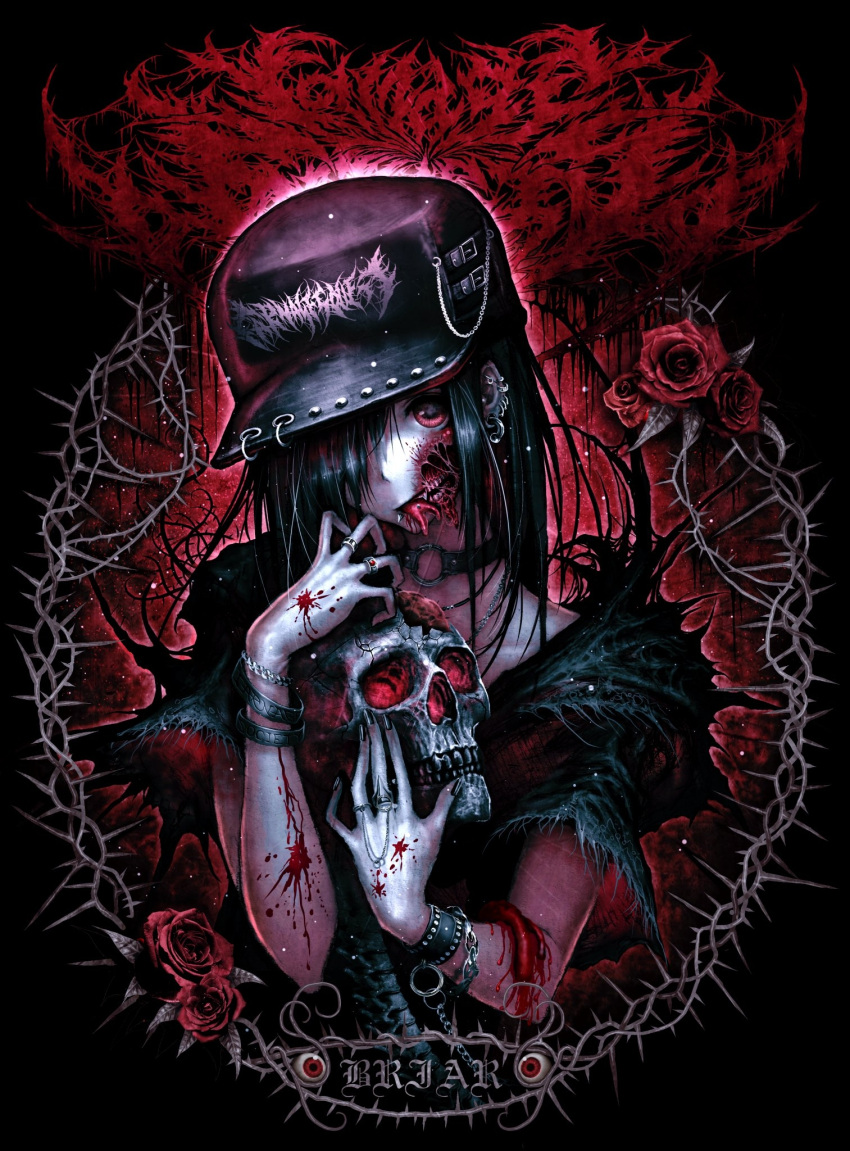 1girl black_hair black_nails blood blood_on_arm blood_on_hands bracelet chain choker earrings eyeball flower forked_tongue glasgow_smile guro hair_over_one_eye hat hat_ring highres holding holding_skull jewelry long_hair multiple_earrings multiple_rings necklace organs original red_eyes red_theme ring rose skull solo spine teeth thorns tongue yu-ki_iwata