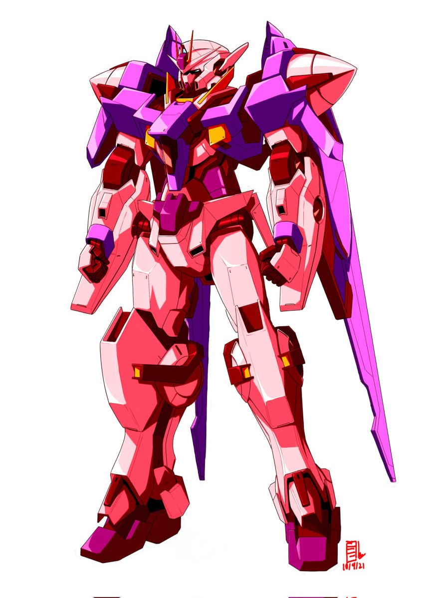blue_eyes dated english_text gn_drive gundam gundam_00 highres mecha mobile_suit no_humans original pravin_rao_santheran science_fiction solo standing trans-am v-fin white_background
