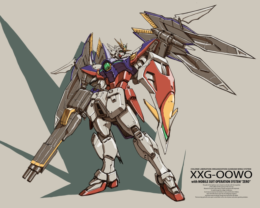 beige_background gun gundam gundam_wing highres holding holding_gun holding_weapon mecha mechanical_wings mobile_suit no_humans roko_(project_1104) science_fiction shadow shield solo standing v-fin weapon wing_gundam_zero wings