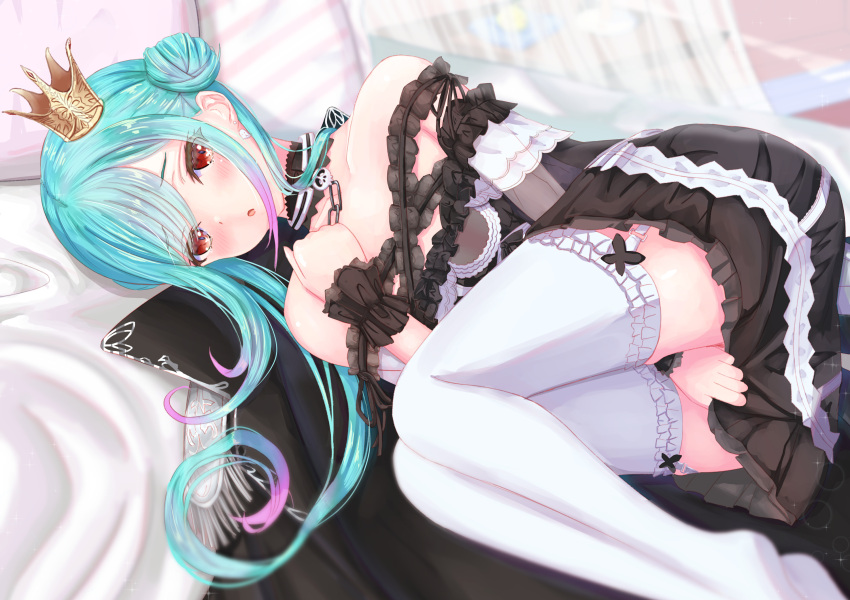 1girl :o aqua_hair asymmetrical_hair bare_shoulders black_choker black_coat black_dress blurry blurry_background blush choker coat coat_removed collarbone crown double_bun dress earrings flat_chest frilled_dress frilled_legwear frilled_straps frills full_body garter_straps ghost_earrings gradient_hair highres hololive jewelry lace lace_choker long_hair looking_at_viewer lying mikage_hrk mini_crown multicolored_hair no_shoes off-shoulder_dress off_shoulder official_alternate_costume on_bed on_side open_mouth pink_hair red_eyes see-through_sleeves short_dress short_sleeves solo tearing_up thighhighs tilted_headwear twintails uneven_twintails uruha_rushia virtual_youtuber white_garter_straps white_legwear wristband