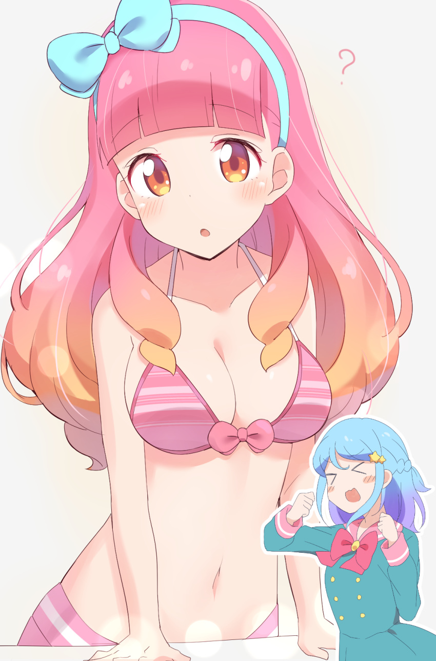 &gt;_&lt; &gt;o&lt; 2girls :d ? aikatsu!_(series) aikatsu_friends! bangs bikini blue_bow blue_hair blunt_bangs blush bow breasts cleavage eyebrows_visible_through_hair gradient_hair hairband highres large_breasts long_hair looking_at_viewer minato_mio mukuba multicolored_hair multiple_girls navel open_mouth orange_eyes orange_hair parted_lips pink_bikini pink_hair purple_hair short_hair smile swimsuit xd yuuki_aine