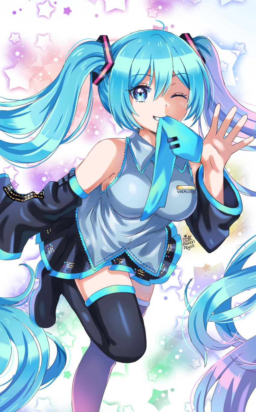 1girl aqua_eyes aqua_hair aqua_necktie black_legwear boots breasts detached_sleeves hatsune_miku highres long_hair maroonabyss medium_breasts mouth_hold necktie necktie_in_mouth one_eye_closed skirt sleeveless smile solo thigh_boots thighhighs twintails very_long_hair vocaloid