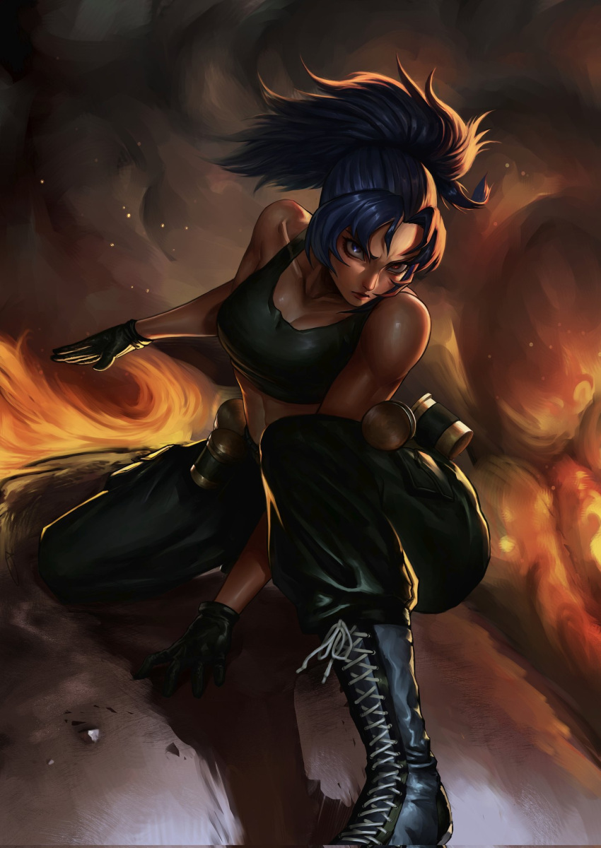1girl bangs bare_shoulders belt black_gloves black_tank_top blue_hair breasts closed_mouth earrings gas_can gloves high_ponytail highres jewelry leona_heidern medium_breasts military military_uniform multicolored_eyes pants ponytail serious solo squatting tank_top the_king_of_fighters the_king_of_fighters_xiii uniform yc_yorkchow