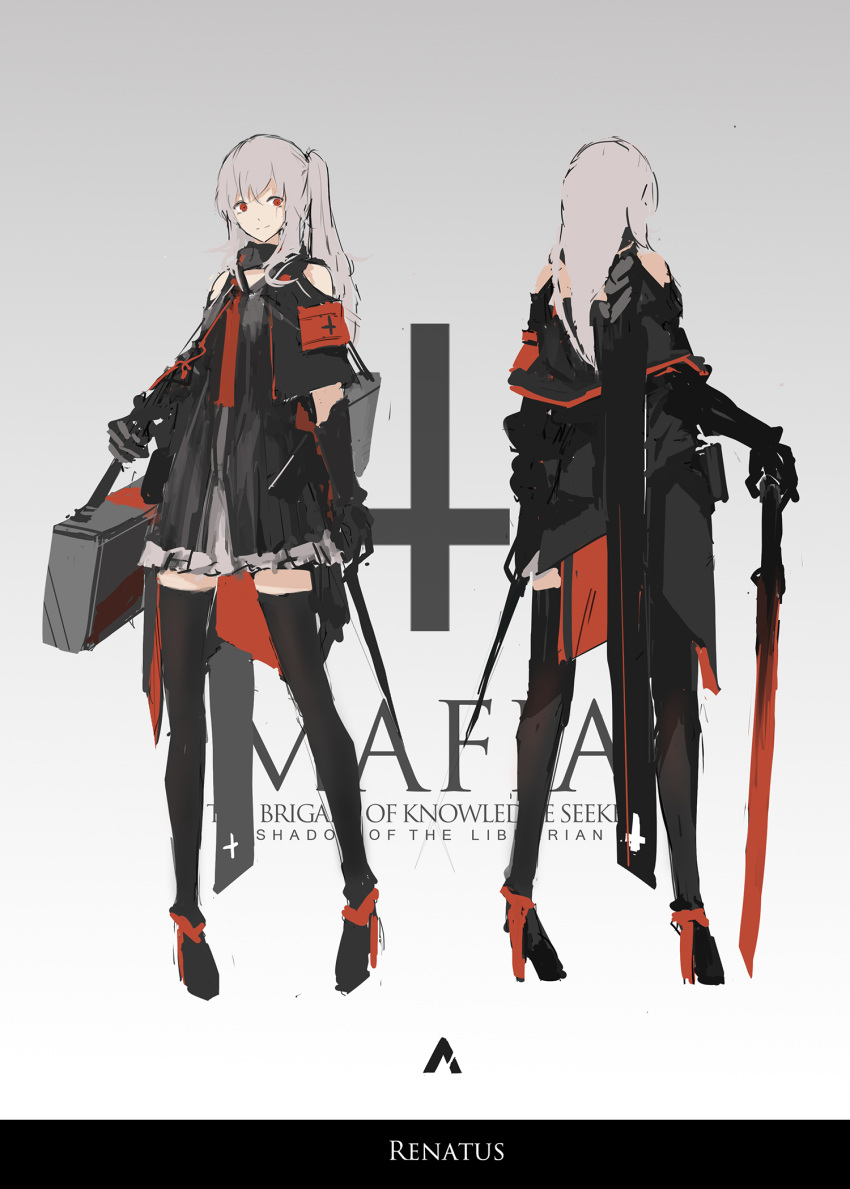 1girl armband bad_id bad_pixiv_id bangs bare_shoulders black_dress black_footwear black_gloves black_legwear carrying character_name commentary dress full_body gloves high_heels highres holding holding_sword holding_weapon logo long_hair photoshop_(medium) pixiv_fantasia pixiv_fantasia_t red_armband red_eyes renatus.z renatus_(pixiv_fantasia) scar scar_across_eye scar_on_face scarf side_ponytail standing sword thighhighs weapon zettai_ryouiki