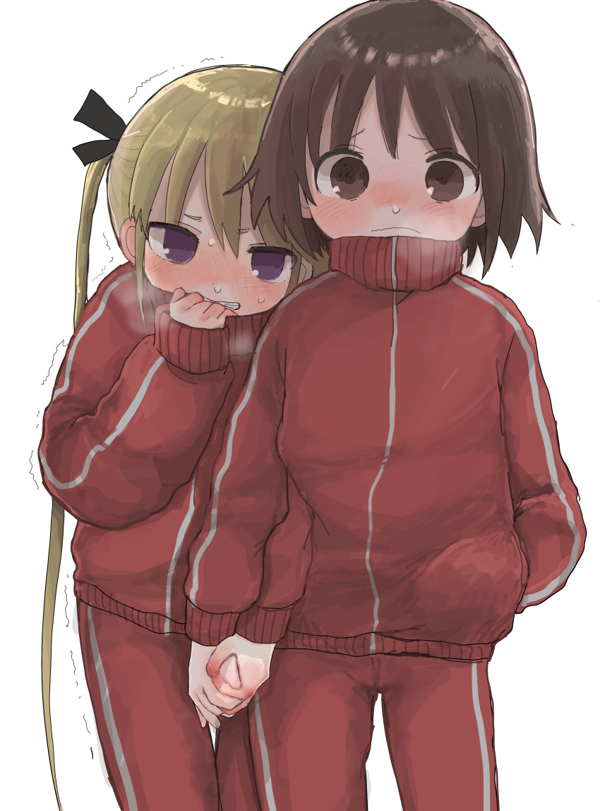 2girls absurdres blonde_hair blue_eyes brown_eyes brown_hair cowboy_shot hand_in_pocket highres holding_hands jacket kill_me_baby long_hair multiple_girls nose_drip oribe_yasuna pants red_jacket red_pants short_hair sonya_(kill_me_baby) standing track_jacket track_pants track_suit trembling twintails yasashii_naizou