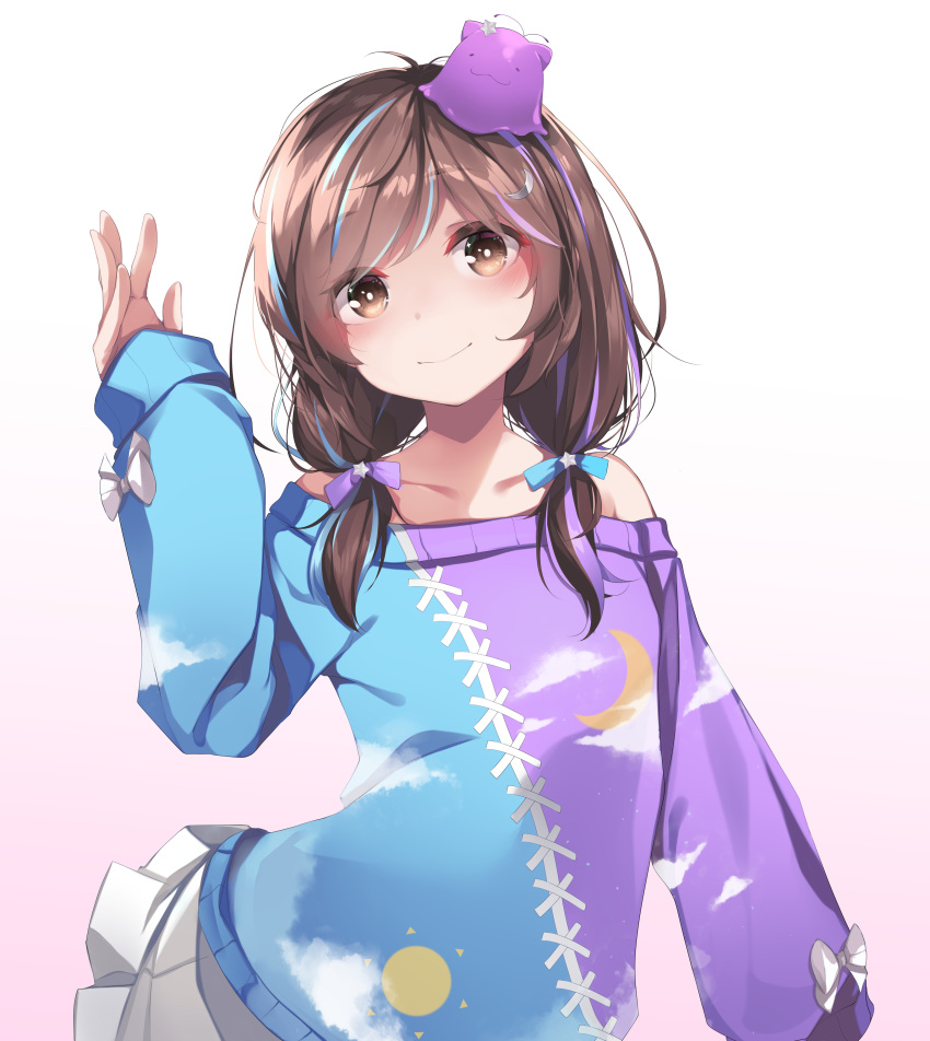 1girl absurdres bare_shoulders blob blue_ribbon bow brown_eyes brown_hair centi_(nimu) hair_ornament hair_ribbon highres indie_virtual_youtuber kana616 low_twintails multicolored_clothes multicolored_hair nimu_(vtuber) off-shoulder_shirt off-shoulder_sweater off_shoulder purple_ribbon ribbon second-party_source shirt short_hair skirt smile star_(symbol) star_hair_ornament streaked_hair sweater twintails virtual_youtuber white_bow white_skirt