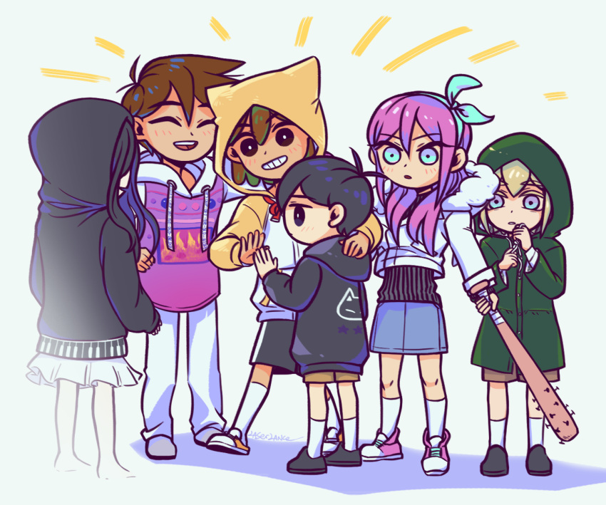 2girls 4boys ^_^ alternate_costume antenna_hair aubrey_(faraway)_(omori) aubrey_(omori) barefoot baseball_bat basil_(faraway)_(omori) basil_(omori) black_eyes black_hair black_hoodie black_shoes black_shorts blonde_hair blue_eyes blue_hairband blue_skirt blush bright_pupils brother_and_sister brothers brown_hair brown_shorts closed_eyes closed_mouth coat cropped_coat dark-skinned_male dark_skin denim denim_skirt green_coat grin hairband hero_(faraway)_(omori) hero_(omori) holding holding_baseball_bat hood hood_down hood_up hoodie kel_(faraway)_(omori) kel_(omori) kneehighs laser-lance long_hair mari_(omori) mari_(spirit)_(omori) mewo multiple_boys multiple_girls nail_(hardware) nail_bat nefarious_chip_(omori) omori open_mouth orange_shoes pants parted_lips pink_hair pink_shoes shoes shorts siblings sidelocks skirt smile sneakers socks sunny_(omori) teeth upper_teeth_only white_coat white_pants white_pupils white_skirt white_socks