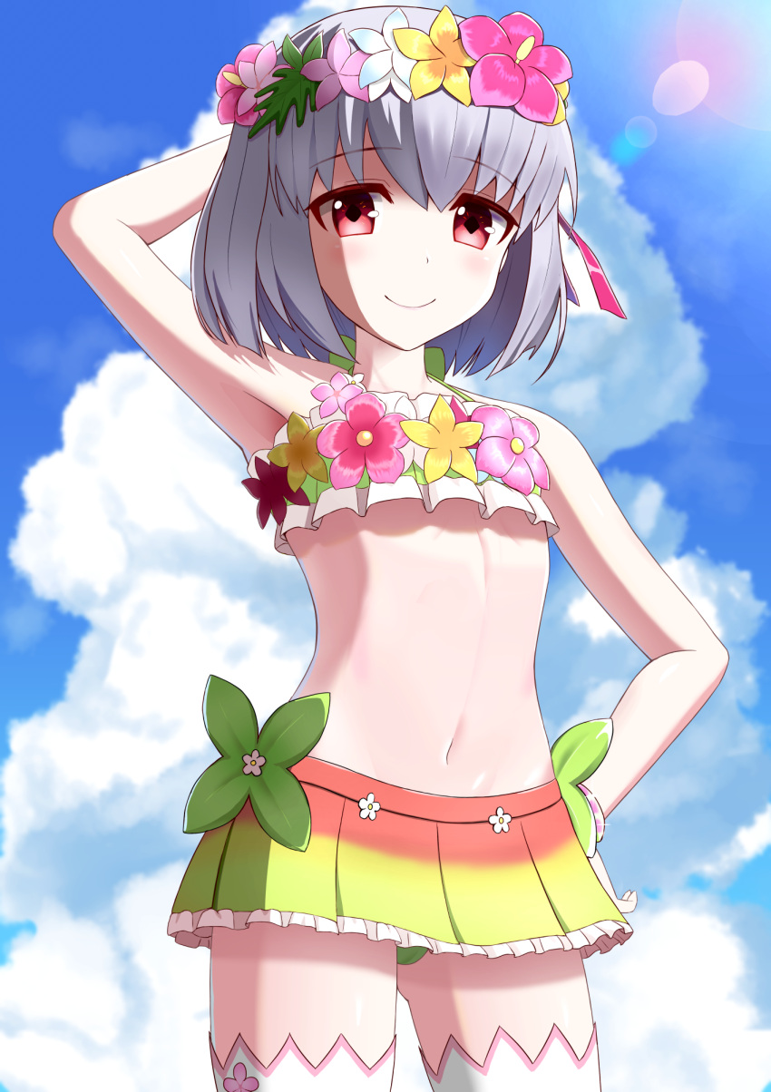 1girl bangs bare_shoulders bikini blue_sky blush breasts collarbone fate/grand_order fate_(series) flower_wreath green_bikini hair_ribbon head_wreath highres kama_(fate) kama_(swimsuit_avenger)_(fate) looking_at_viewer miniskirt miporinrpg navel rainbow_skirt red_eyes ribbon short_hair silver_hair skirt sky small_breasts smile solo swimsuit thighhighs thighs white_legwear