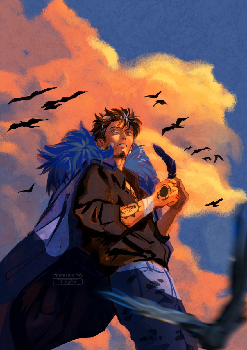 1boy arm_tattoo bandaid bandaid_on_face bird black_cape black_hair black_shirt blue_boa blurry blurry_foreground brown_eyes cape chest_tattoo cloud cloudy_sky cowboy_shot denim earrings eyewear_on_head facial_hair feathers goatee hand_tattoo highres holding holding_feather jeans jewelry male_focus multiple_earrings one_piece pants parted_lips shirt short_hair sideburns sky soaked-doors sunset tattoo trafalgar_law