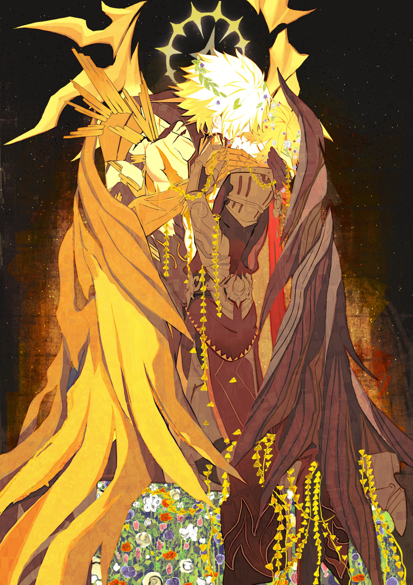 2boys absurdres alternate_form armlet asymmetrical_wings black_coat black_wings blonde_hair braid chest_tattoo chinese_commentary clawed_gauntlets closed_eyes coat commentary_request cracked_skin facial_tattoo gradient_hair halo halo_behind_head hand_on_another's_face hand_on_another's_head highres honkai:_star_rail honkai_(series) jewelry male_focus material_growth medium_hair multicolored_hair multiple_boys mydei_(honkai:_star_rail) open_clothes open_coat phainon_(honkai:_star_rail) phainon_(khaslana)_(honkai:_star_rail) red_hair red_tattoo side_braid tattoo wings yaoi yellow_blood yellow_wings zhenyishuaizhiguo81314