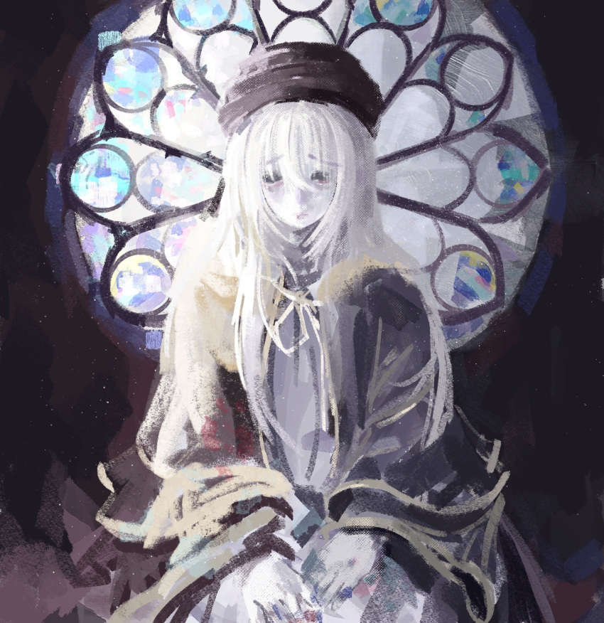 1girl bags_under_eyes black_hat brush_stroke colored_skin commentary cowboy_shot dark_souls_(series) dark_souls_iii dress english_commentary faux_traditional_media hair_between_eyes hands_on_own_knees hat highres impressionism layered_clothes long_hair long_sleeves paint_on_fingers painterly sad sitting solo stained_glass straight-on stuffbecauseidk the_painter_(dark_souls_iii) white_hair white_skin