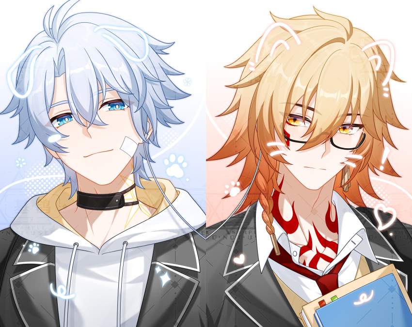 2boys absurdres antenna_hair bandaid bandaid_on_face black_choker black_jacket blonde_hair blue_eyes braid chest_tattoo chinese_commentary choker collared_shirt commentary_request drawn_ears drawn_whiskers facial_tattoo glasses gradient_hair highres honkai:_star_rail honkai_(series) hood hood_down hoodie jacket jigebuge male_focus medium_hair multicolored_hair multiple_boys mydei_(honkai:_star_rail) neck_tattoo necktie open_clothes open_jacket parted_bangs phainon_(honkai:_star_rail) red_hair red_necktie red_tattoo school_uniform shirt short_hair side_braid sun_symbol sun_tattoo tattoo vest watermark white_hair white_hoodie white_shirt yellow_eyes yellow_vest