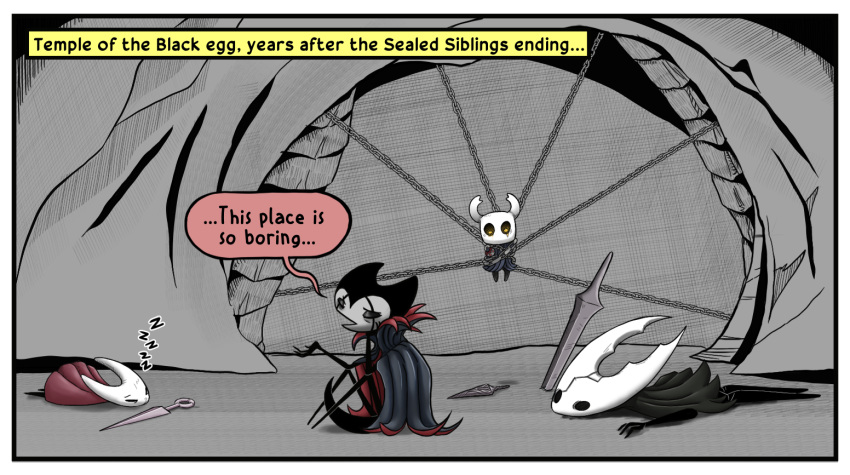 2020 ambiguous_gender anthro arachnid arthropod biped bored bound butterfly chain chained corpse detailed_background dialogue eyes_closed female glowing glowing_eyes grimm_(hollow_knight) grimmchild_(hollow_knight) group hollow_knight_(character) hollow_knight_(franchise) hornet_(hollow_knight) insect lepidopteran lizbot lying lying_on_ground male narration on_front on_ground sitting sitting_on_ground sleeping speech_bubble spider sword_on_ground team_cherry the_infection_(hollow_knight) the_knight_(hollow_knight) vessel_(species) void_eyes