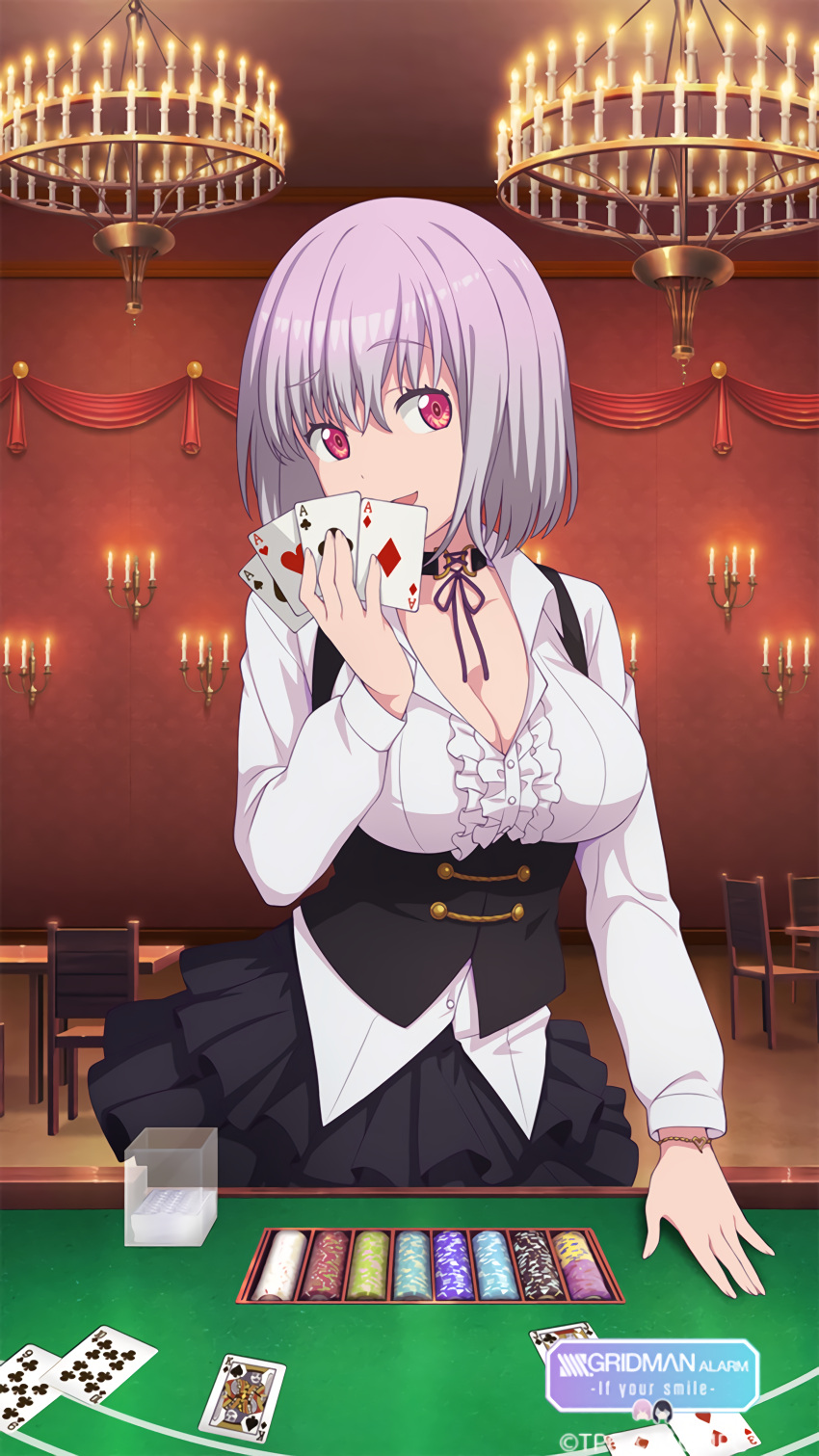 1girl absurdres ace black_skirt blackjack_table breasts card casino cleavage four_of_a_kind_(poker) frilled_skirt frills game_cg gridman_universe highres indoors large_breasts neck_ribbon official_art pink_hair playing_card raised_eyebrow red_eyes ribbon shinjou_akane short_hair skirt solo ssss.gridman