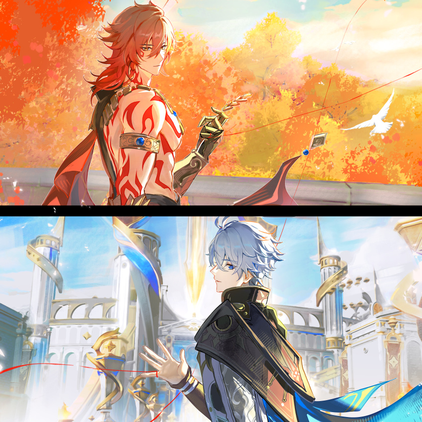 2boys abs absurdres antenna_hair arm_tattoo armlet armor back_tattoo black_coat black_shirt blonde_hair blue_cape blue_eyes braid cape chest_tattoo chinese_commentary clawed_gauntlets coat commentary_request earrings facial_tattoo gold_earrings gold_necklace gradient_hair highres honkai:_star_rail honkai_(series) jewelry male_focus medium_hair multicolored_hair multiple_boys mydei_(honkai:_star_rail) necklace open_clothes open_coat parted_bangs pauldrons phainon_(honkai:_star_rail) qiaose33912 red_cape red_hair red_tattoo shirt short_hair shoulder_armor side_braid side_cape single_pauldron tattoo toned toned_male white_coat white_hair yellow_eyes