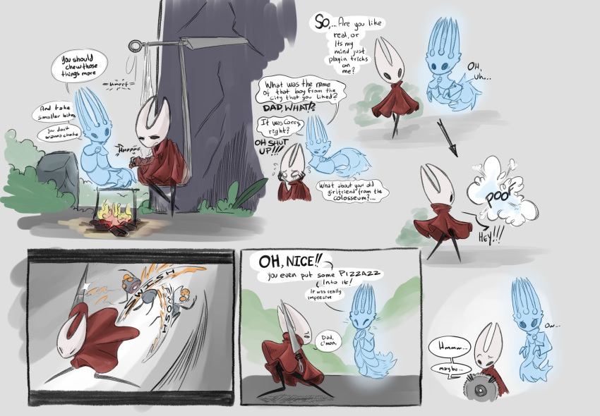 2022 absurd_res anthro arachnid arthropod battle biped black_body buzzsaw campfire clothing comic daughter_(lore) detailed_background dialogue dragon duo embarrassed european_mythology father_(lore) father_and_child_(lore) father_and_daughter_(lore) female ghost hi_res hollow_knight_(franchise) horn hornet_(hollow_knight) insect killing lizbot makeshift_furniture male moss mythological_creature mythological_scalie mythology pale_king_(hollow_knight) parent_(lore) parent_and_child_(lore) parent_and_daughter_(lore) plant poof_effect proud red_clothing roasted_food scalie sliced slicing speech_bubble spider spirit team_cherry teasing thought_bubble worm wyrm_(dragon)