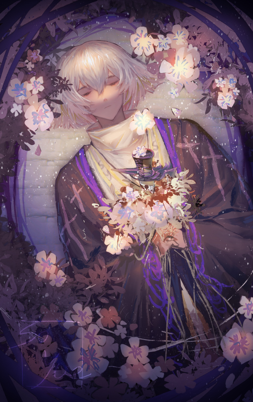 1boy absurdres cherry_blossoms crossed_arms daleth_(sky:_children_of_the_light) flower glint hair_between_eyes highres light_particles lying short_hair sky:_children_of_the_light sky_child sleeping solo sparkle stab sword sy_soyue weapon