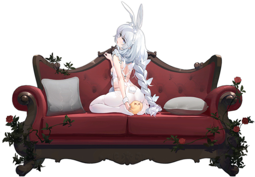 1girl animal_ears ass azur_lane blue_eyes braid breasts couch extra_ears fake_animal_ears from_behind full_body highres kincora le_malin_(azur_lane) le_malin_(listless_lapin)_(azur_lane) leotard long_hair looking_at_viewer looking_back manjuu_(azur_lane) official_alternate_costume official_art pantyhose pillow playboy_bunny rabbit_ears single_braid sitting_on_animal small_breasts solo transparent_background very_long_hair white_legwear white_leotard