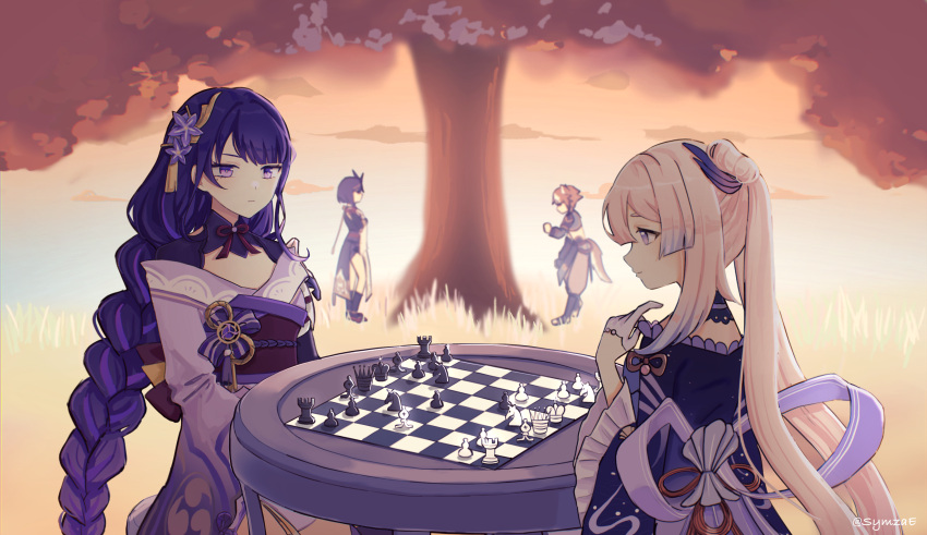 1boy 3girls absurdres artist_name bishop_(chess) blunt_bangs blurry blurry_background board_game braid chair chess chess_piece chessboard closed_mouth commentary_request dawn depth_of_field dress expressionless friends from_side genshin_impact gorou_(genshin_impact) gradient_hair hair_ornament highres japanese_clothes kimono king_(chess) knight_(chess) kujou_sara long_braid looking_down mitsudomoe_(shape) mole mole_under_eye multicolored_hair multiple_girls neck_ribbon off_shoulder on_chair outdoors pawn_(chess) pink_hair playing_chess playing_games purple_eyes purple_hair purple_kimono queen_(chess) raiden_shogun red_ribbon red_sash ribbon rook_(chess) sangonomiya_kokomi sash single_braid sitting sky standing streaked_hair sunset symzae table thinking tomoe_(symbol) tree twitter_username