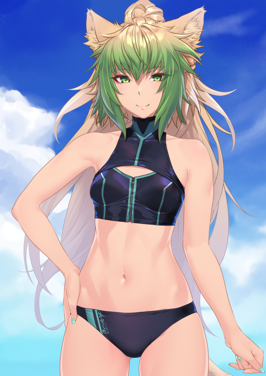 1girl animal_ears atalanta_(fate) bangs bare_shoulders bikini black_bikini blonde_hair blue_sky blush braid breasts cat_ears fate/apocrypha fate/grand_order fate_(series) french_braid gradient_hair green_eyes green_hair highres hikichi_sakuya long_hair looking_at_viewer multicolored_hair navel ponytail sky smile solo swimsuit thighs