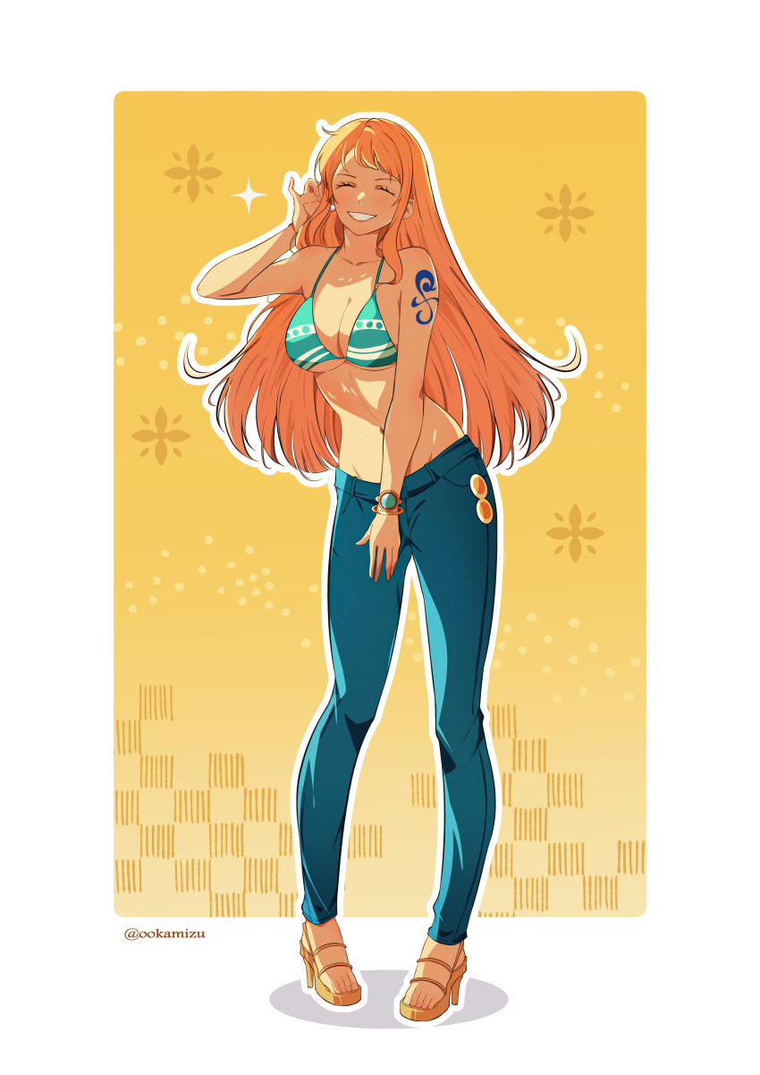 1girl absurdres adjusting_hair bangle bare_shoulders bikini bikini_top_only blue_pants blush border bracelet breasts cleavage closed_eyes collarbone commentary denim earrings facing_viewer full_body glint green_bikini halterneck hand_up high_heel_sandals highres jeans jewelry large_breasts log_pose long_hair nami_(one_piece) navel one_piece ookamizu orange_hair outside_border pants pearl_earrings sandals shoulder_tattoo single_sidelock smile solo sparkle standing stomach swimsuit tattoo toes twitter_username white_border yellow_background