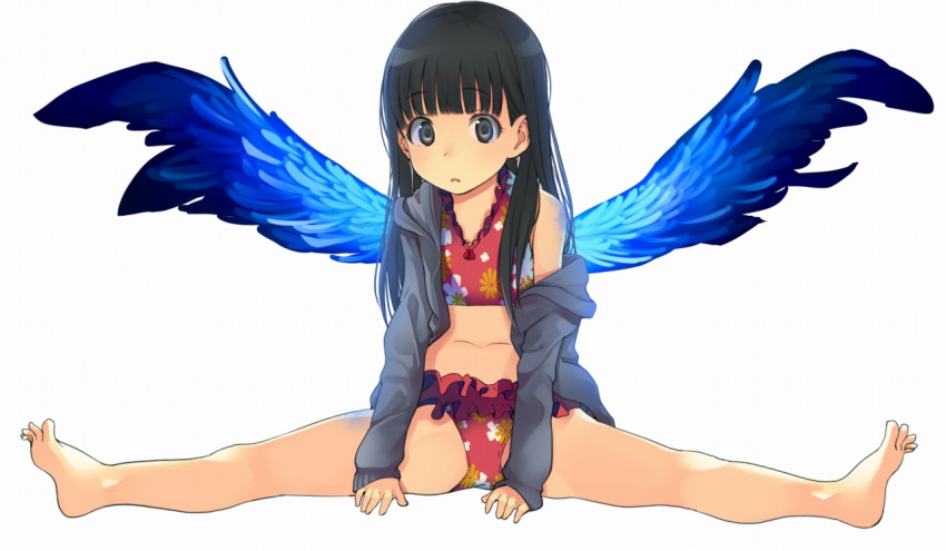 1girl amagami ayatsuji_tsukasa bare_legs barefoot bikini black_eyes black_hair blue_wings character_request check_character check_copyright child copyright_request full_body grey_jacket jacket long_sleeves looking_at_viewer navel off_shoulder parted_lips red_bikini santa_(sunflower) simple_background solo split spread_wings swimsuit white_background wide-eyed wings