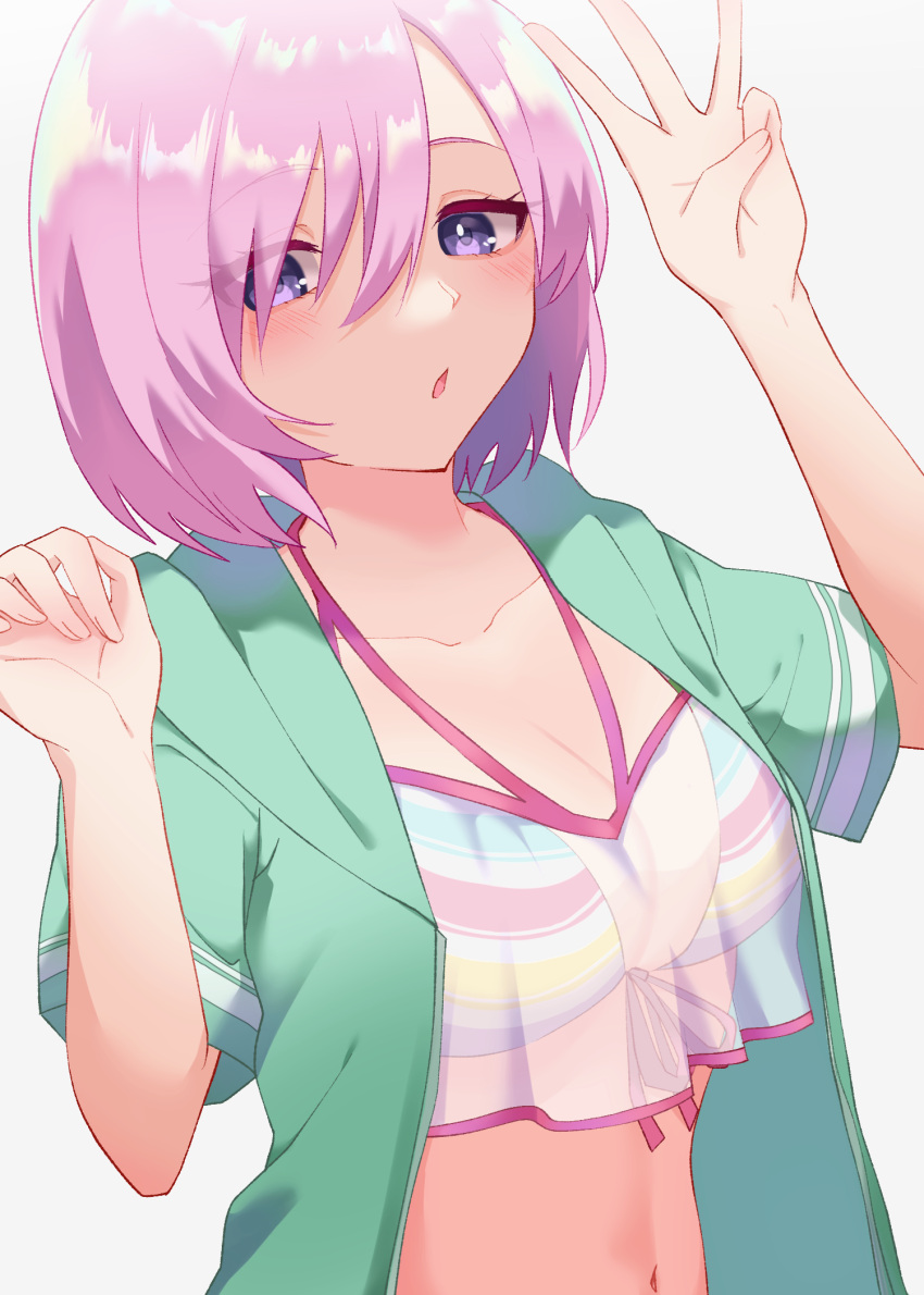 1girl bangs bikini breasts cleavage collarbone fate/grand_order fate_(series) green_jacket hair_over_one_eye highres hood hooded_jacket ichi_kq jacket large_breasts light_purple_hair looking_at_viewer mash_kyrielight mash_kyrielight_(swimsuit_of_perpetual_summer_ver.02) multicolored_bikini multicolored_clothes navel open_clothes open_jacket open_mouth purple_eyes rainbow_bikini sheer_clothes short_hair short_sleeves solo striped striped_bikini swimsuit
