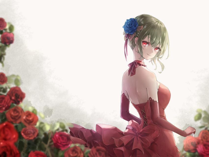 1girl alternate_costume alternate_hairstyle backless_dress backless_outfit bare_shoulders blue_flower blue_rose blurry blurry_foreground blush breasts choker depth_of_field dress elbow_gloves eyebrows_visible_through_hair eyelashes flower frilled_dress frills gloves green_hair hair_flower hair_ornament hair_up kazami_yuuka light_particles looking_at_viewer looking_back medium_breasts neck_ribbon red_dress red_eyes red_flower red_gloves red_ribbon red_rose ribbon rose rose_bush shiny shiny_hair shironeko_yuuki short_hair sidelighting sidelocks smile solo touhou