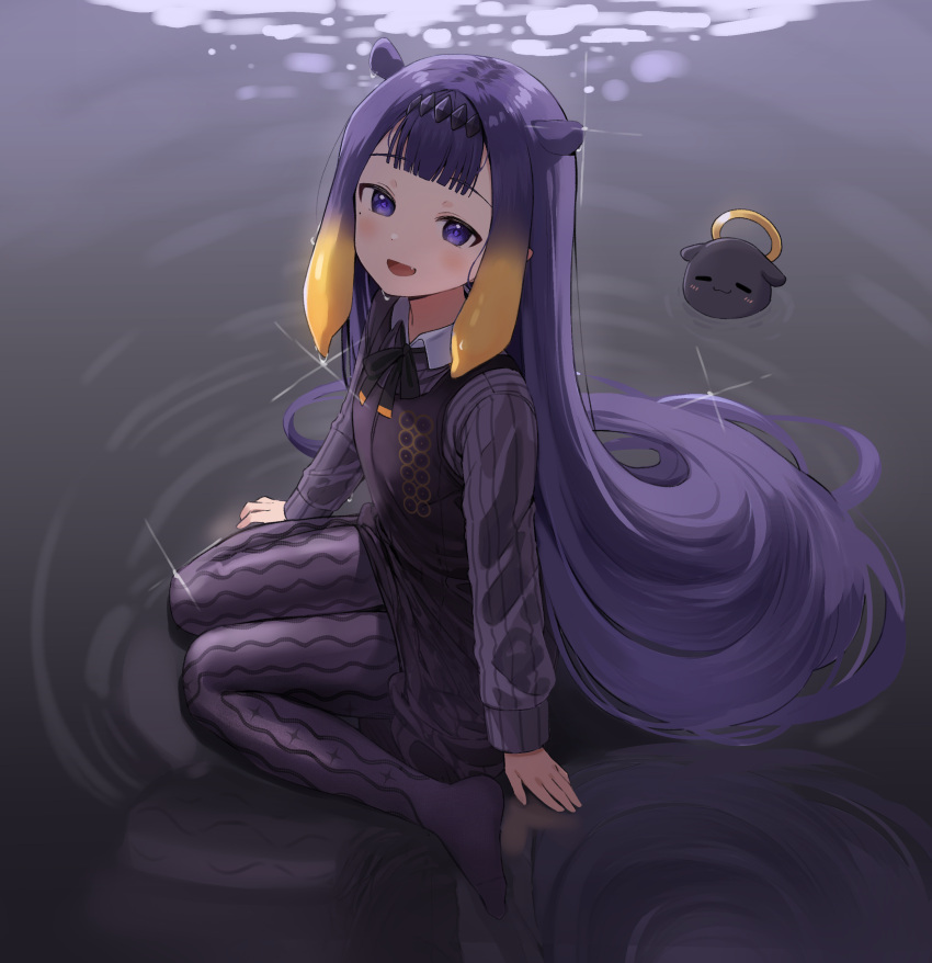 1girl absurdres bangs blunt_bangs blush diamond_hairband dress hairband halo highres hololive hololive_english long_hair looking_at_viewer meettheton multicolored_hair ninomae_ina'nis no_shoes open_mouth orange_hair pantyhose pointy_ears purple_dress purple_eyes purple_hair purple_legwear purple_sweater ribbed_sweater ripples sidelocks sitting sparkle sweater tako_(ninomae_ina'nis) tentacle_hair very_long_hair virtual_youtuber water water_drop