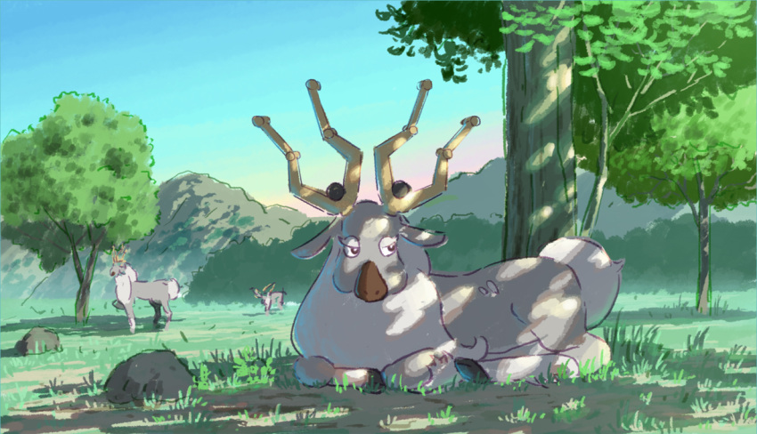 commentary_request day grass illustration_room_nagi looking_to_the_side lying on_stomach outdoors pokemon pokemon_(creature) rock shade sky tree wyrdeer