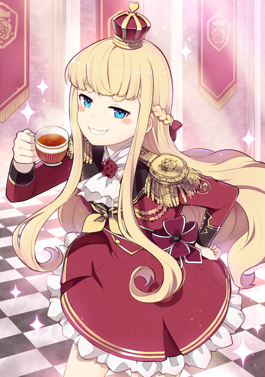 1girl blonde_hair blue_eyes braid crown cup dress epaulettes french_braid head_girl_(ido_(teketeke)) highres holding holding_cup ido_(teketeke) long_hair long_sleeves mini_crown original red_dress sidelocks solo teacup