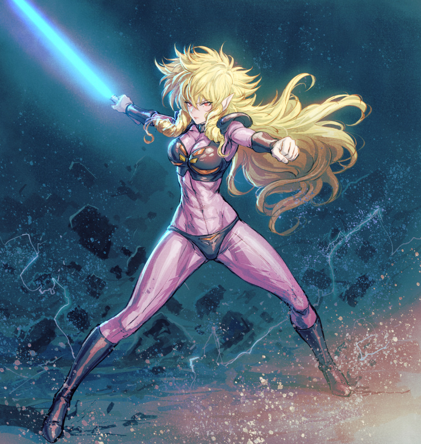 1girl abs arm_guards blonde_hair bodysuit boots breasts covered_navel crack energy_sword fujii_eishun hair_between_eyes highres iczer-1 iczer_(series) knee_boots long_hair looking_at_viewer medium_breasts messy_hair red_eyes solo sword weapon