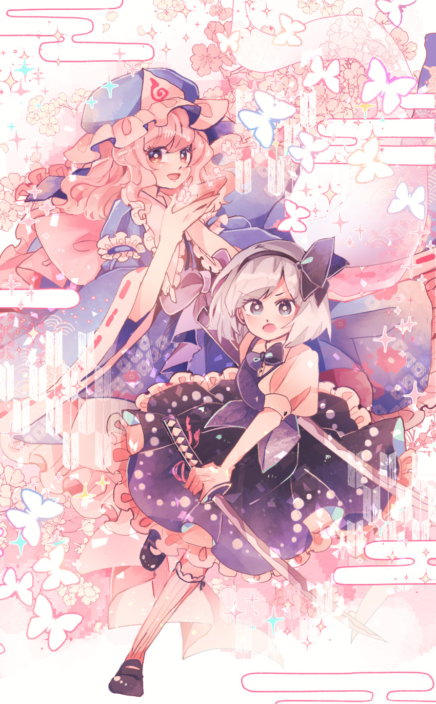 2girls blue_eyes blue_kimono bright_pupils bug butterfly cherry_blossoms commentary egasumi hat highres holding holding_sword holding_weapon japanese_clothes katana kimono konpaku_youmu looking_at_viewer mary_janes mob_cap multiple_girls perfect_cherry_blossom pink_hair puffy_short_sleeves puffy_sleeves ratto_(mobilis_1870) red_eyes saigyouji_yuyuko shoes short_sleeves skirt socks sparkle sword touhou weapon white_hair white_legwear white_pupils yagasuri