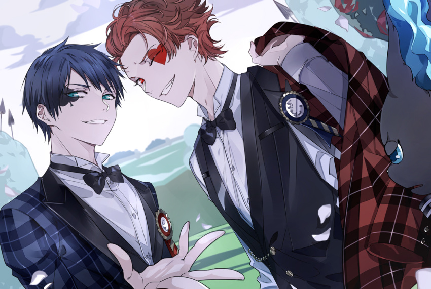 &gt;_o 2boys ace_trappola black_cat black_vest blue_eyes blue_hair blue_jacket bow bowtie cat cloud day deuce_spade facial_mark formal grim_(twisted_wonderland) holding holding_clothes holding_jacket jacket jacket_removed male_focus multiple_boys official_alternate_costume one_eye_closed outdoors red_eyes red_hair red_jacket shirt short_hair sky smile suou teeth twisted_wonderland upper_body vest white_shirt