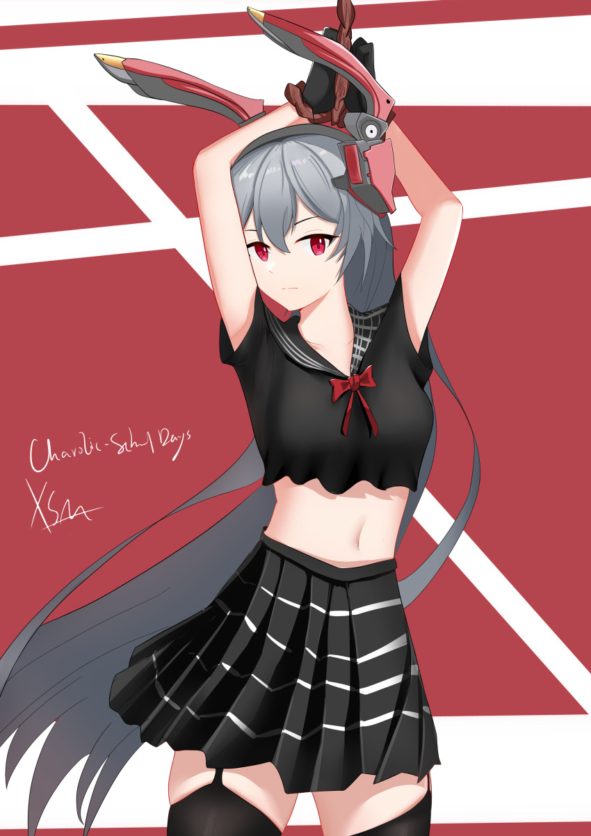 1girl absurdres animal_ears artist_name black_legwear black_shirt black_skirt bound bound_wrists bow bowtie breasts character_name charolic_(girls'_frontline_2) eyebrows_visible_through_hair fake_animal_ears feet_out_of_frame garter_straps girls'_frontline girls'_frontline_2:_exilium green_hair hands_up highres long_hair navel red_bow red_eyes school_uniform shirt simple_background skirt solo standing thighhighs xue_shiming